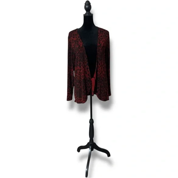 Chico’s (size 1) Bold Red Animal Print Tie Front Lightweight Cardigan Sweater - Picture 12 of 16
